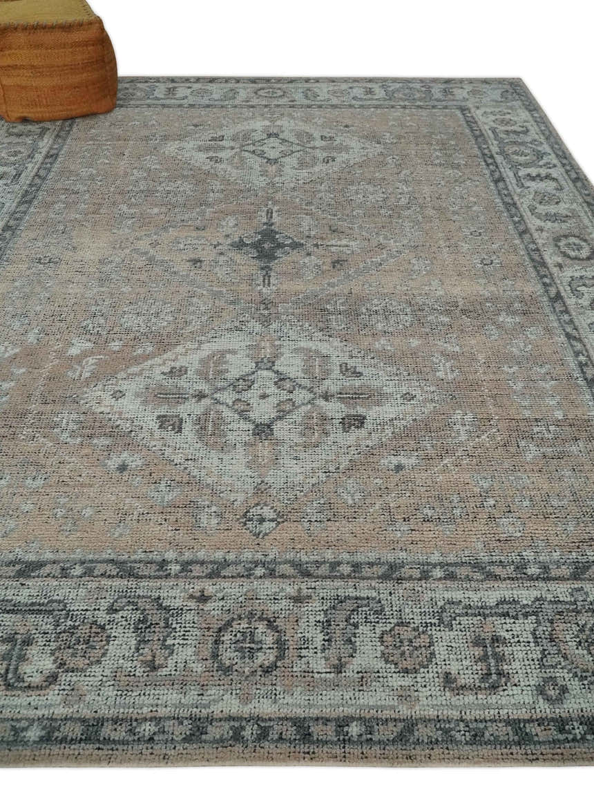 Custom Made Antique Style Peach, Ivory and Charcoal Hand knotted Traditional Wool Rug