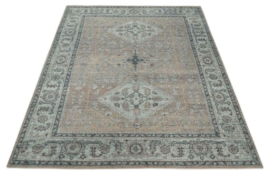 Custom Made Antique Style Peach, Ivory and Charcoal Hand knotted Traditional Wool Rug