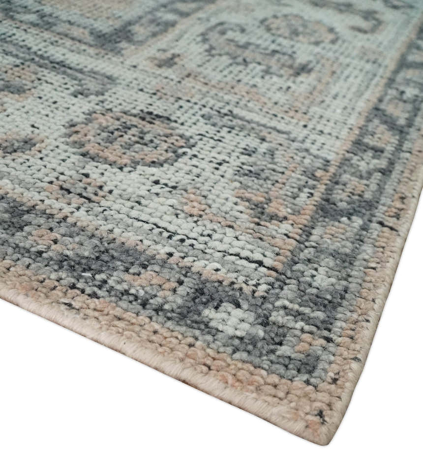 Custom Made Antique Style Peach, Ivory and Charcoal Hand knotted Traditional Wool Rug