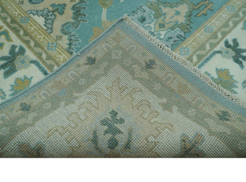 Custom Made Aqua and Beige Hand Knotted Traditional Wool Rug