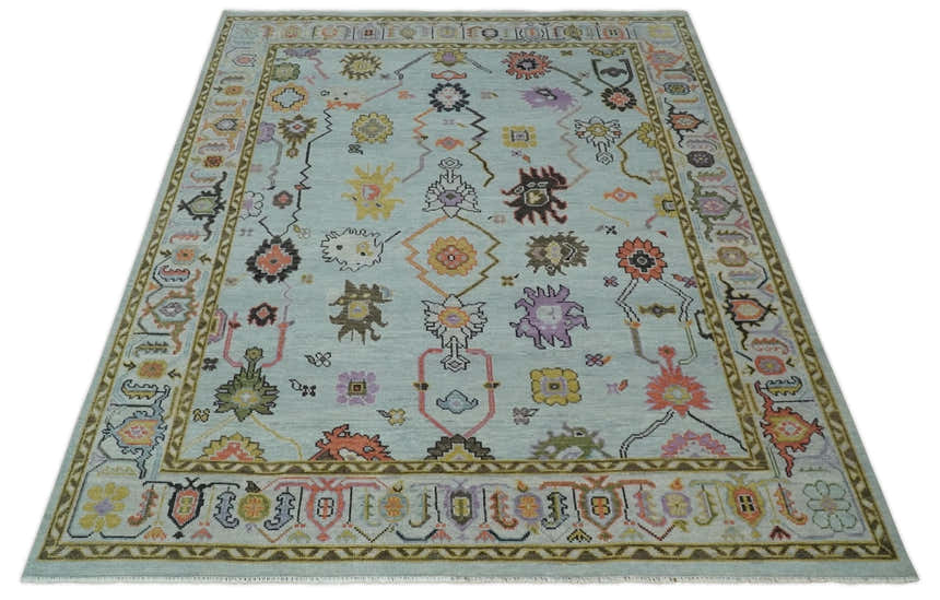 Custom Made Aqua and Green Hand knotted Traditional Oushak wool area Rug