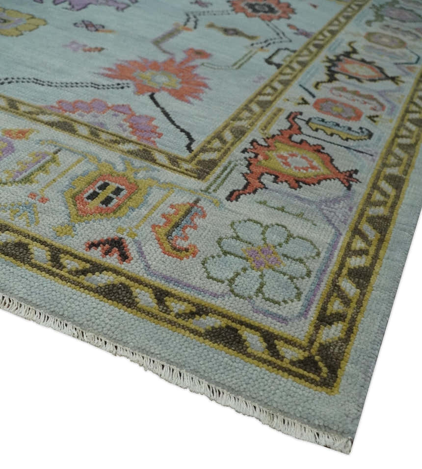 Custom Made Aqua and Green Hand knotted Traditional Oushak wool area Rug