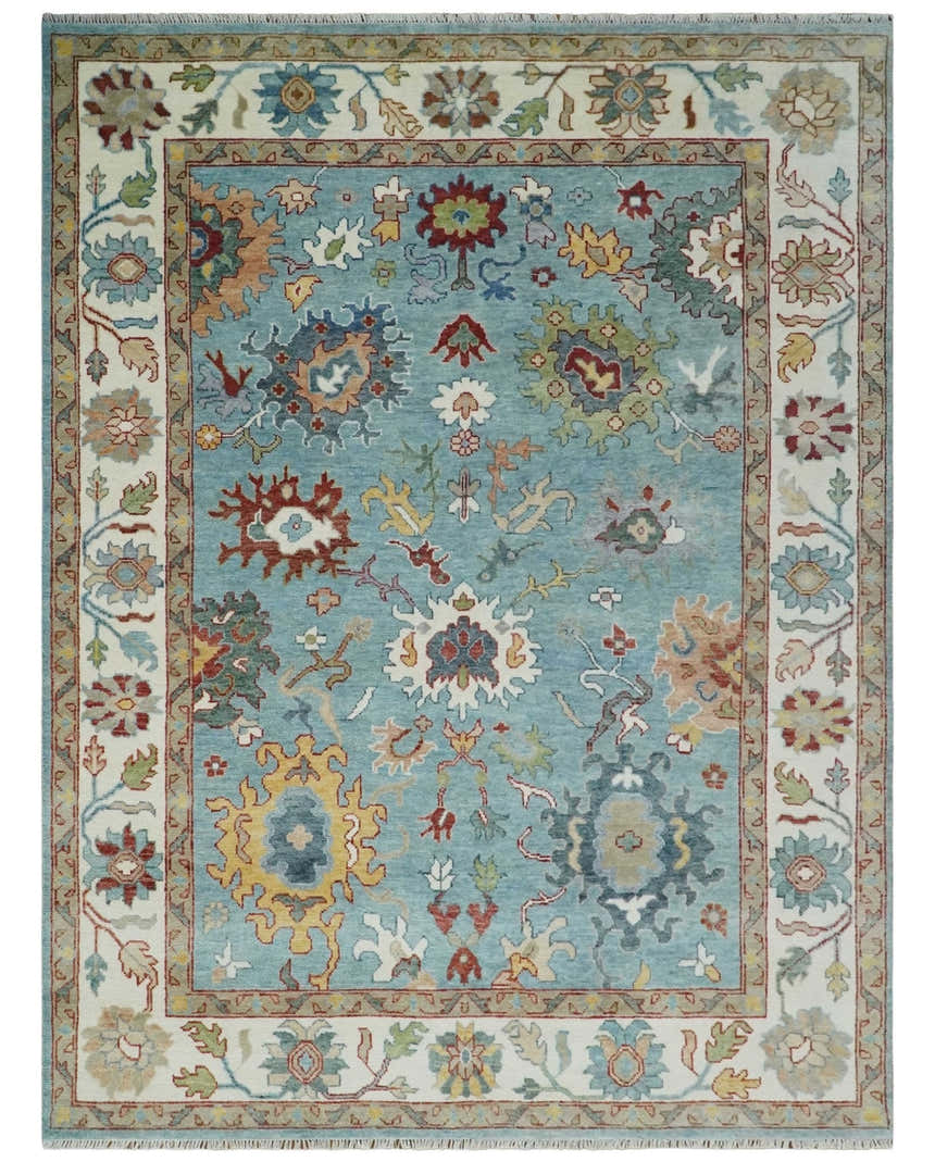 Custom Made Aqua and Ivory hand knotted Vibrant colorful Traditional Oushak Wool Area Rug