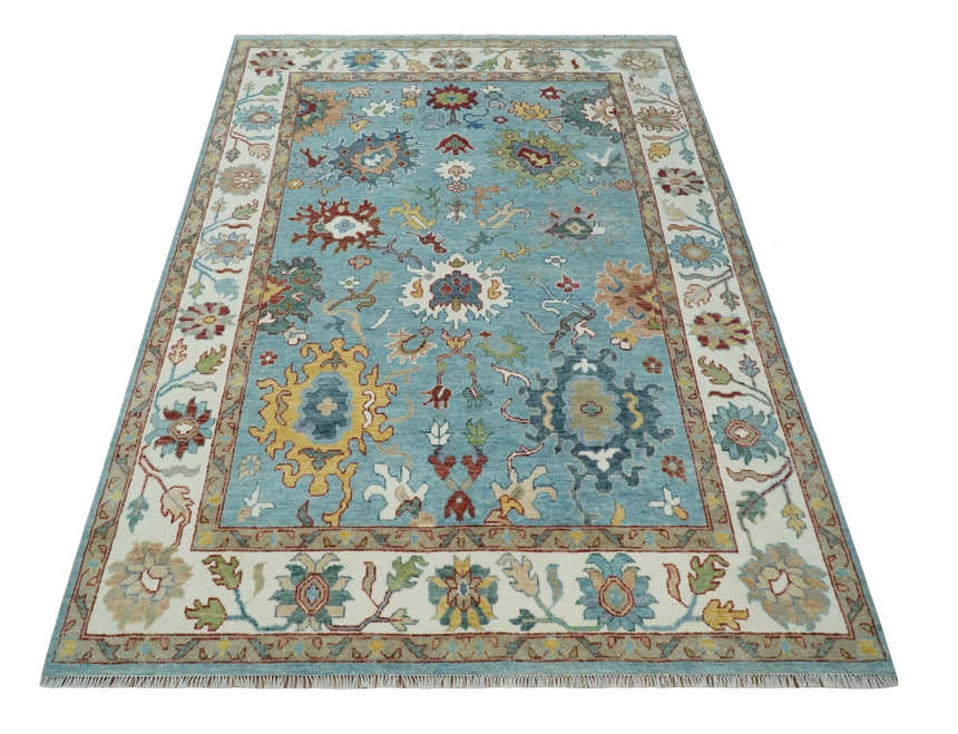Custom Made Aqua and Ivory hand knotted Vibrant colorful Traditional Oushak Wool Area Rug