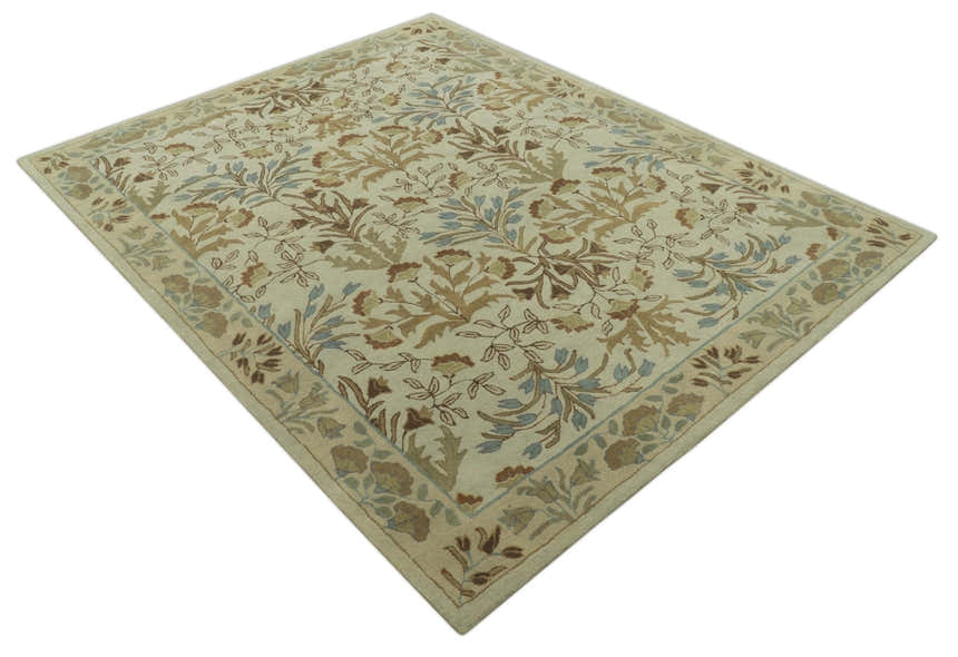 Custom Made Beige And Brown Traditional Floral Design Hand Tufted Wool Area Rug