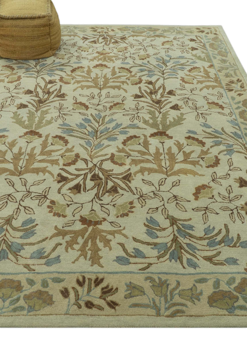 Custom Made Beige And Brown Traditional Floral Design Hand Tufted Wool Area Rug
