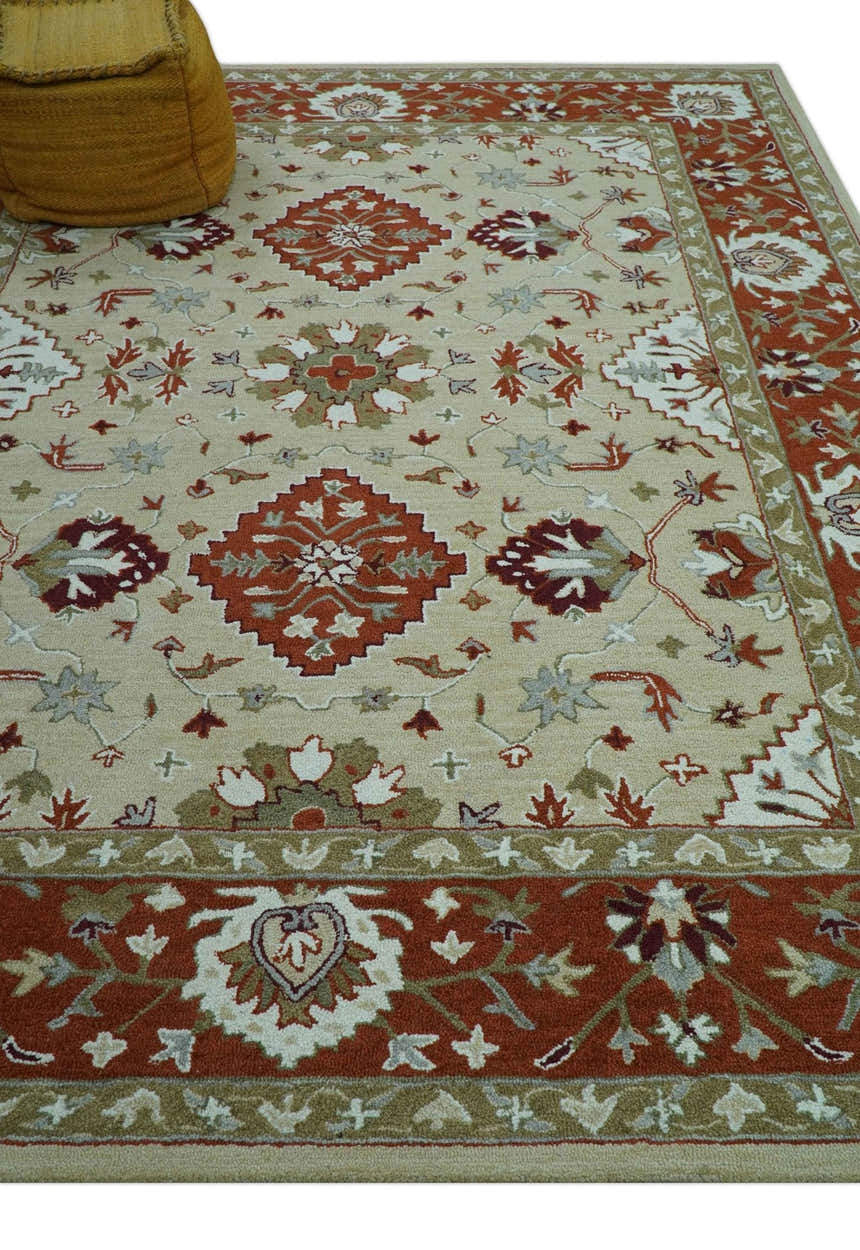 Custom Made Beige And Brown Traditional Oriental Design Hand Tufted Wool Area Rug