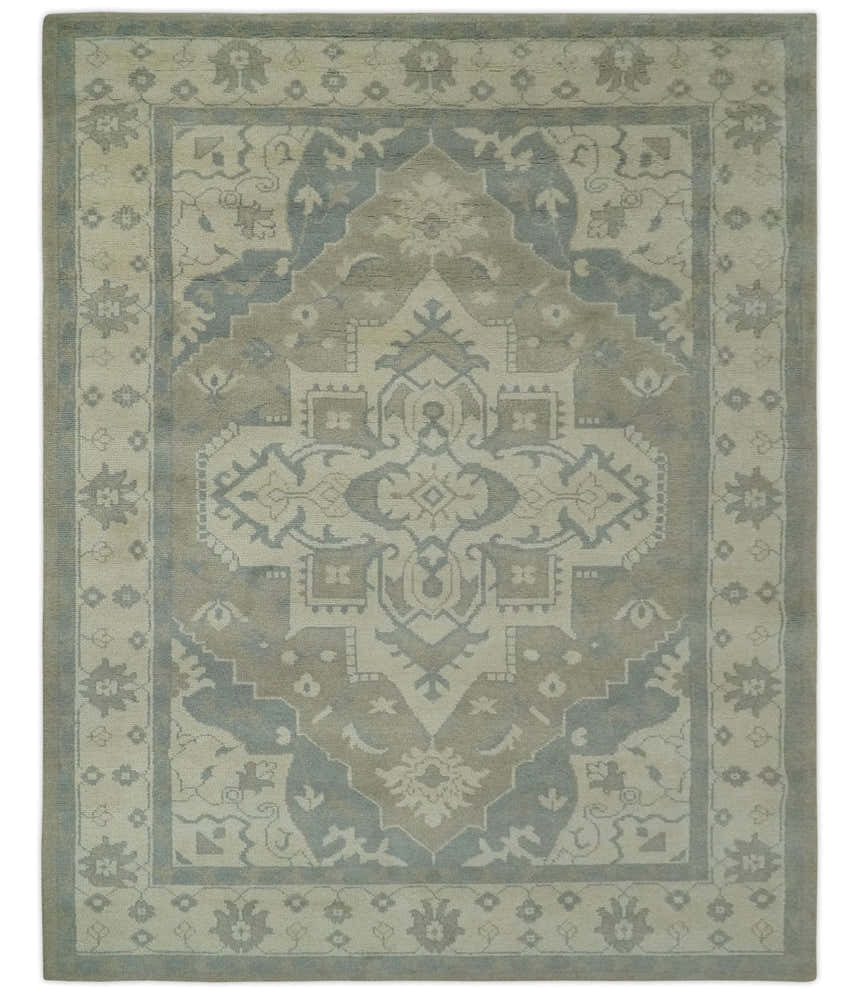 Custom Made Beige and Charcoal Traditional Heriz Medallion Hand Knotted wool Area Rug