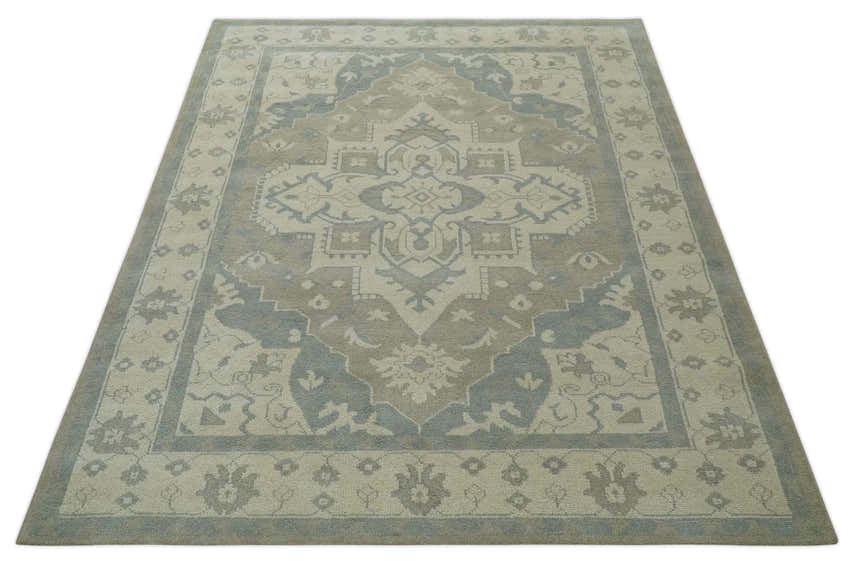 Custom Made Beige and Charcoal Traditional Heriz Medallion Hand Knotted wool Area Rug