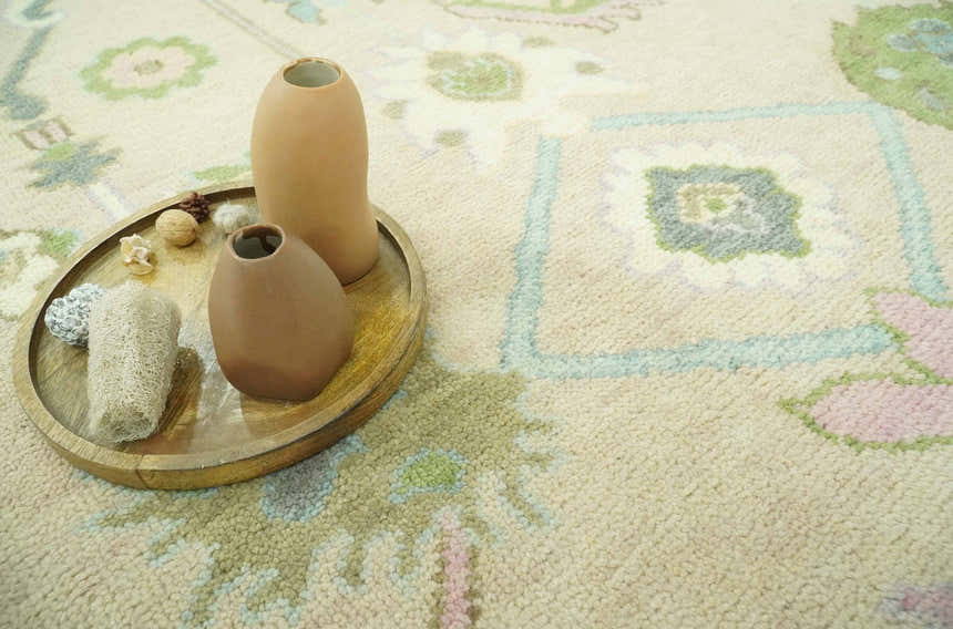 Custom Made Beige and Green Hand Knotted Traditional Oriental Oushak wool area rug