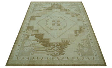 Custom Made Beige and Olive Hand Knotted Traditional wool area rug