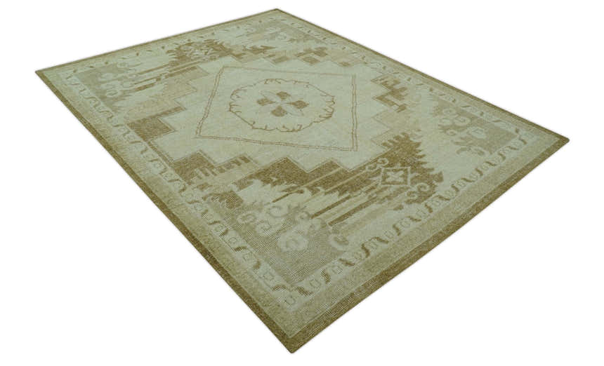 Custom Made Beige and Olive Hand Knotted Traditional wool area rug