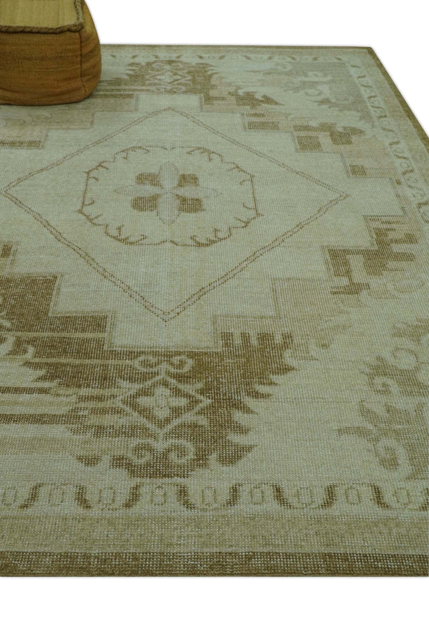 Custom Made Beige and Olive Hand Knotted Traditional wool area rug