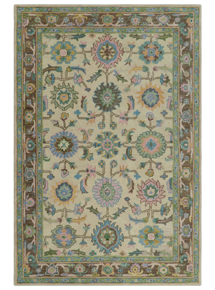 Custom Made Beige, Blue and Purple Traditional Floral Hand Tufted wool rug