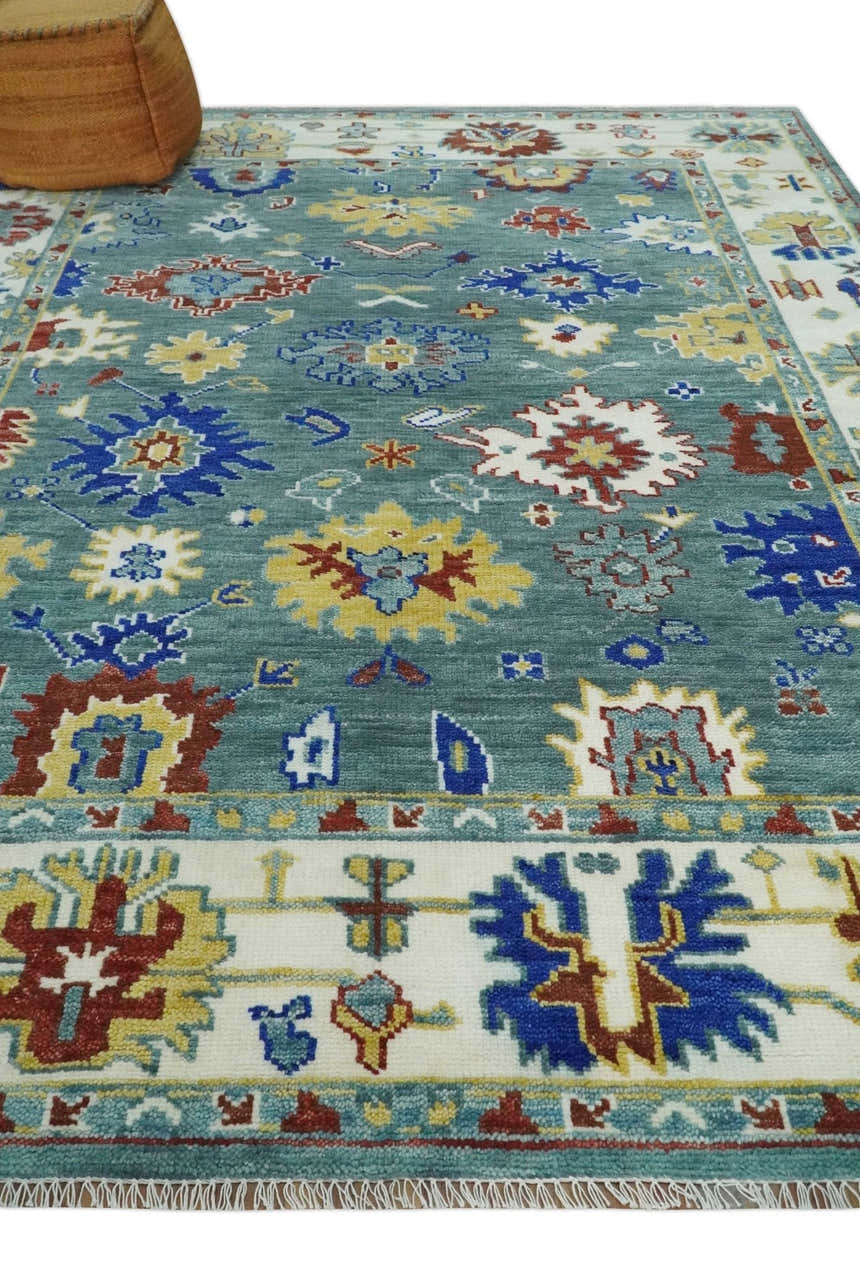 Custom Made Blue and Ivory Colorful Hand knotted Traditional Oushak wool Area Rug