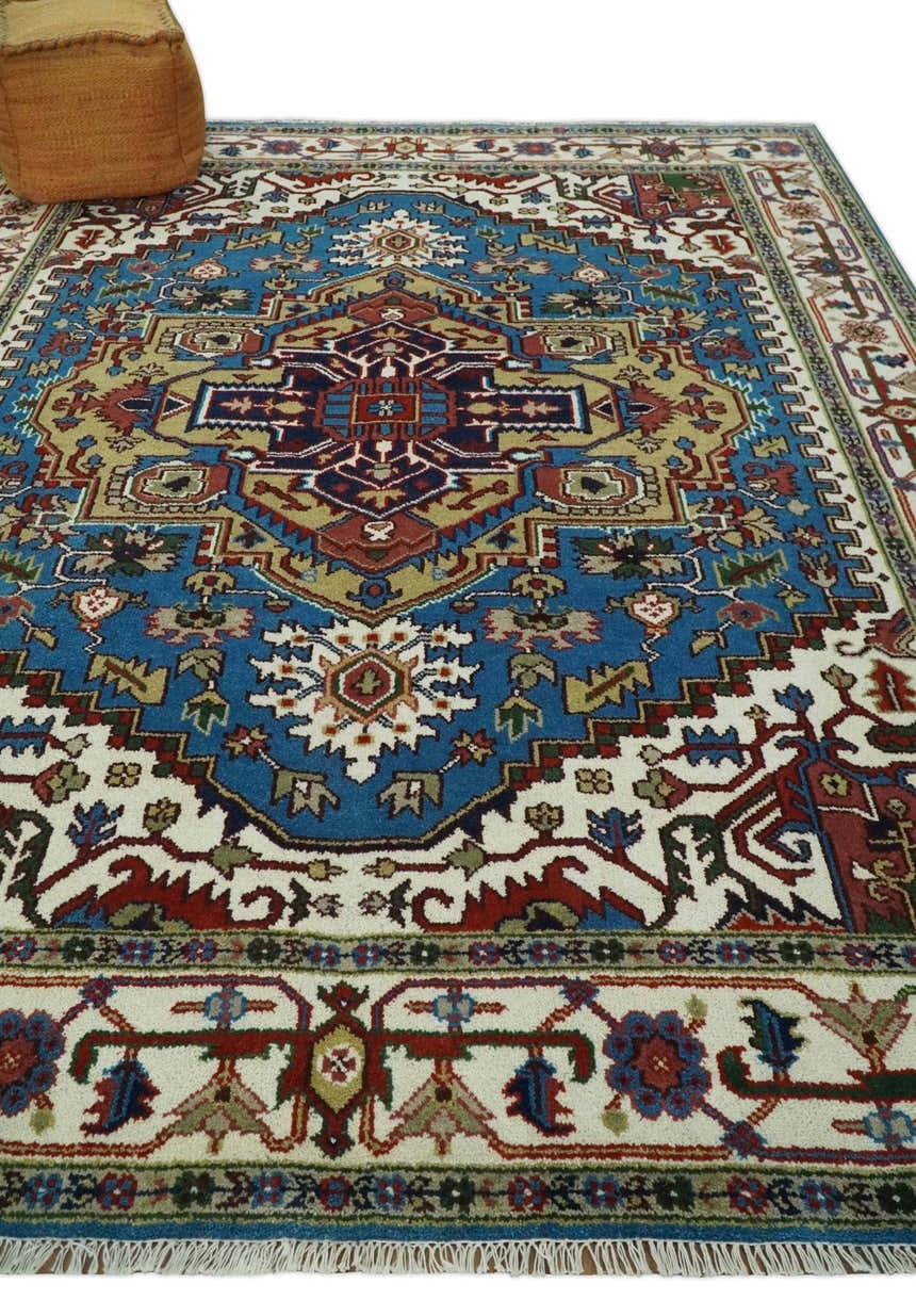 Custom Made Blue and Ivory Medallion Hand knotted Traditional wool Area Rug