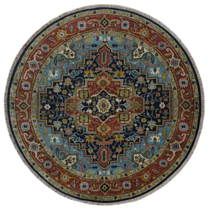 Custom Made Blue and Rust Hand Knotted Wool Antique Style Wool Area Rug