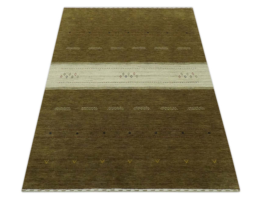 Custom Made Brown and Ivory Geometrical Stripes Design wool Area Rug