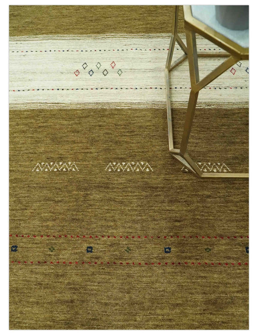 Custom Made Brown and Ivory Geometrical Stripes Design wool Area Rug