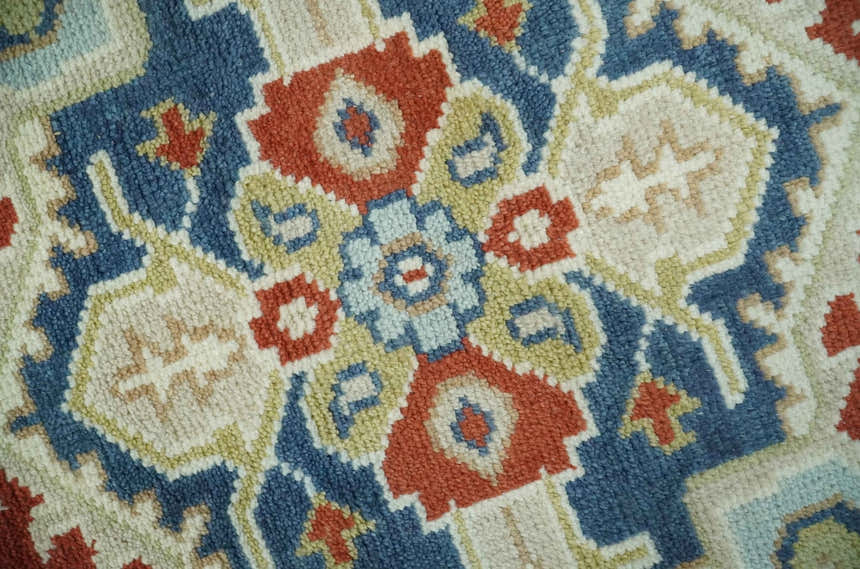 Custom Made Brown, Blue, Ivory and Olive Hand knotted Traditional Heriz Medallion Wool Area Rug