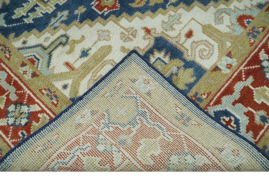 Custom Made Brown, Blue, Ivory and Olive Hand knotted Traditional Heriz Medallion Wool Area Rug