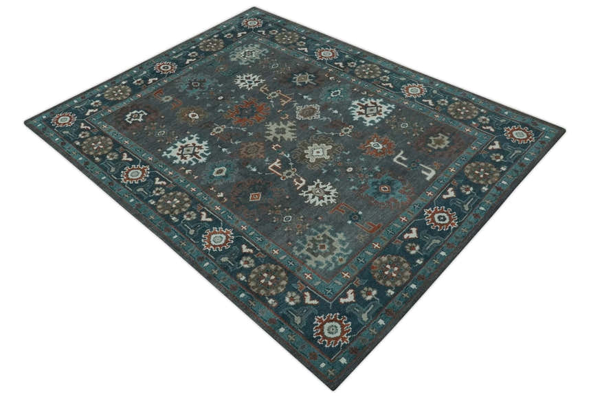 Custom Made Charcoal and Teal Hand knotted Traditional Oushak wool area rug