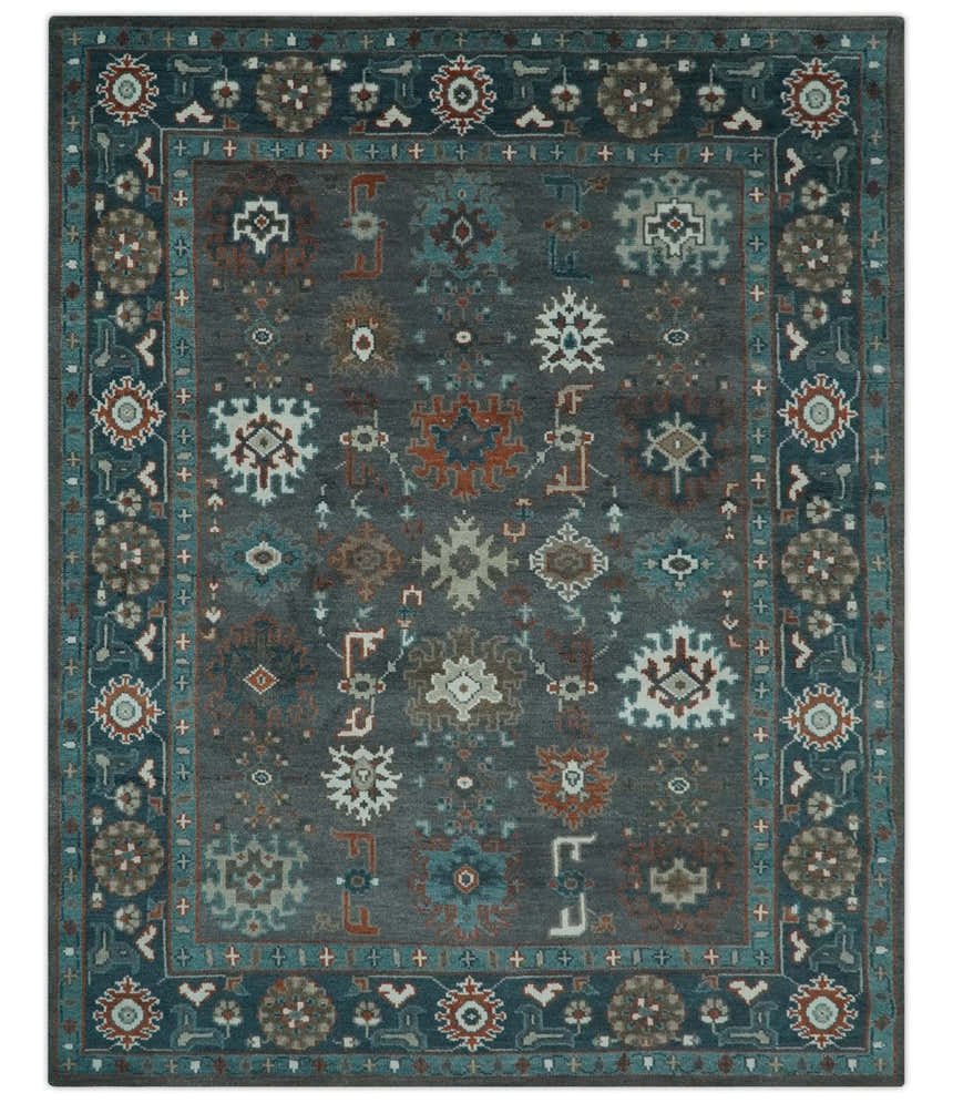 Custom Made Charcoal and Teal Hand knotted Traditional Oushak wool area rug