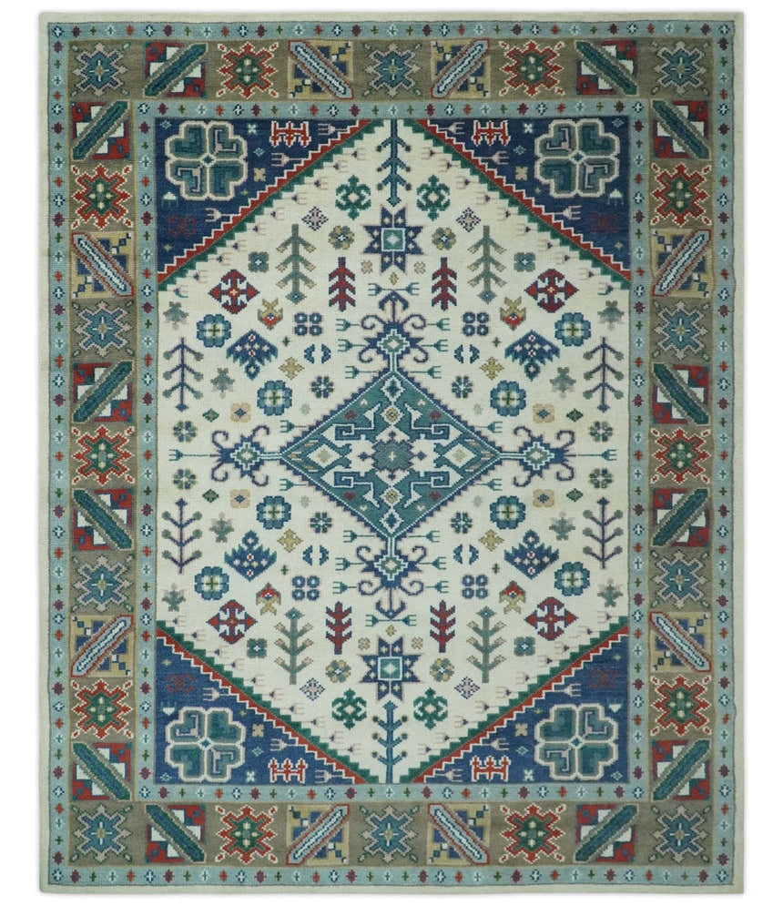 Custom Made Colorful Ivory, Blue, Brown and Teal Hand Knotted Traditional Heriz size wool Area Rug