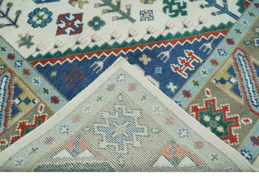 Custom Made Colorful Ivory, Blue, Brown and Teal Hand Knotted Traditional Heriz size wool Area Rug