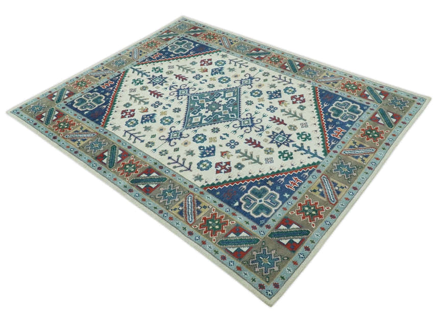 Custom Made Colorful Ivory, Blue, Brown and Teal Hand Knotted Traditional Heriz size wool Area Rug