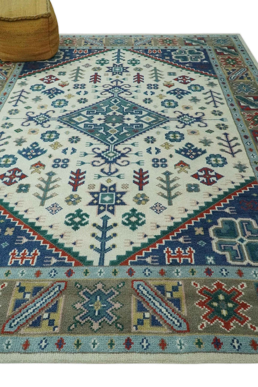 Custom Made Colorful Ivory, Blue, Brown and Teal Hand Knotted Traditional Heriz size wool Area Rug