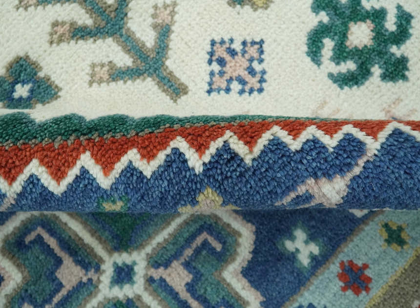 Custom Made Colorful Ivory, Blue, Brown and Teal Hand Knotted Traditional Heriz size wool Area Rug