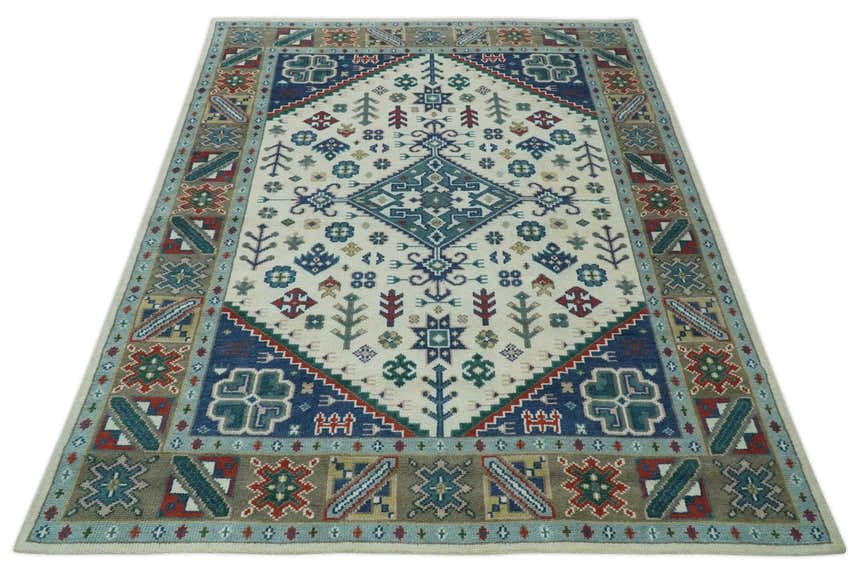 Custom Made Colorful Ivory, Blue, Brown and Teal Hand Knotted Traditional Heriz size wool Area Rug