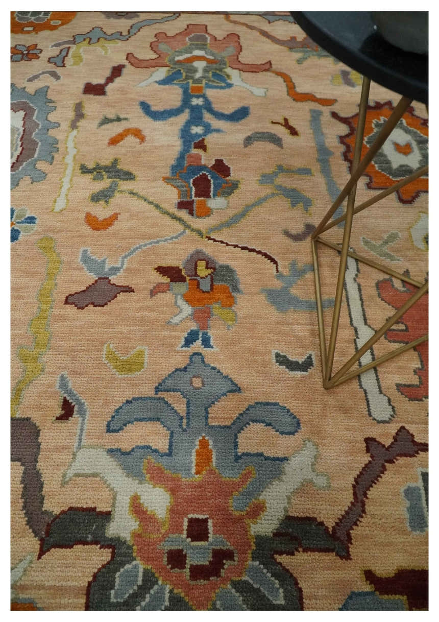 Custom Made Colorful Peach and Green Hand knotted Oushak wool Area Rug