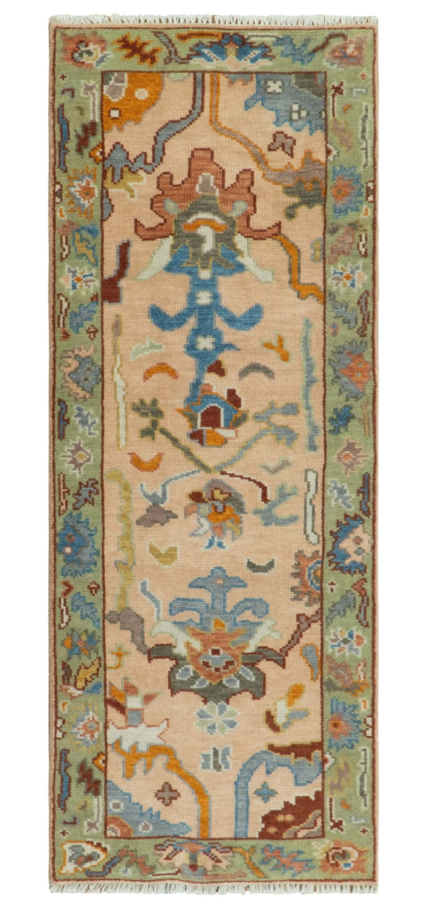 Custom Made Colorful Peach and Green Hand knotted Oushak wool Area Rug