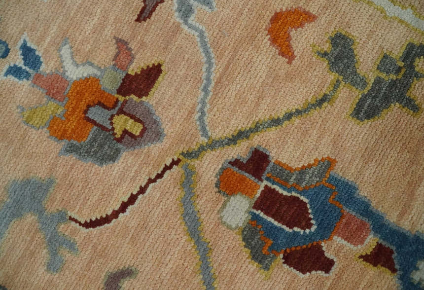 Custom Made Colorful Peach and Green Hand knotted Oushak wool Area Rug