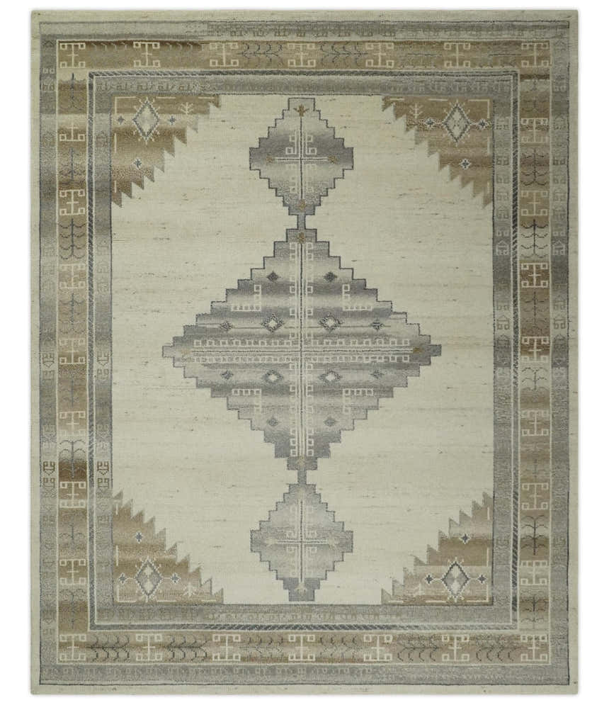 Custom Made Earthy Hand Knotted Ivory, Charcoal and Beige Wool Area Rug