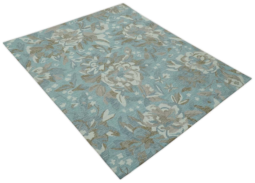 Custom Made Elegant Blue, Ivory and Olive Floral Design Hand Tufted wool Rug