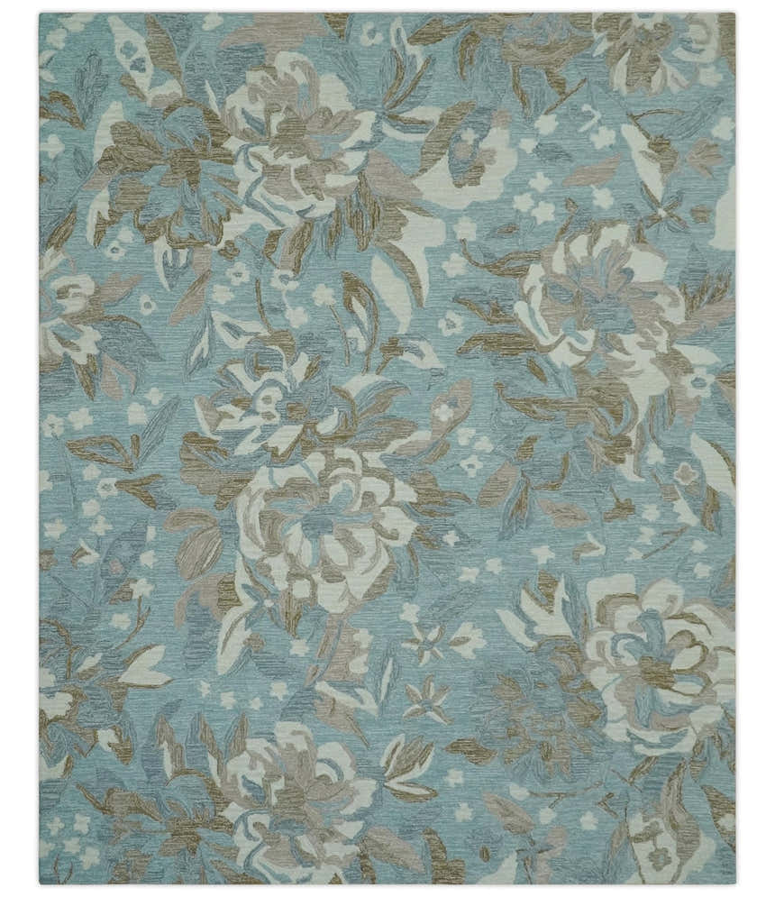 Custom Made Elegant Blue, Ivory and Olive Floral Design Hand Tufted wool Rug
