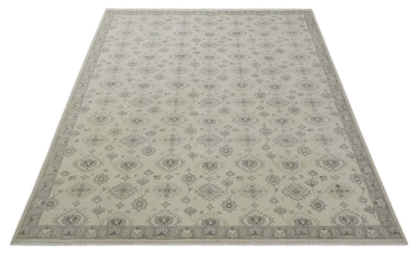 Custom Made Fine Hand Knotted Ivory and Charcoal Style Hand knotted Wool Area Rug