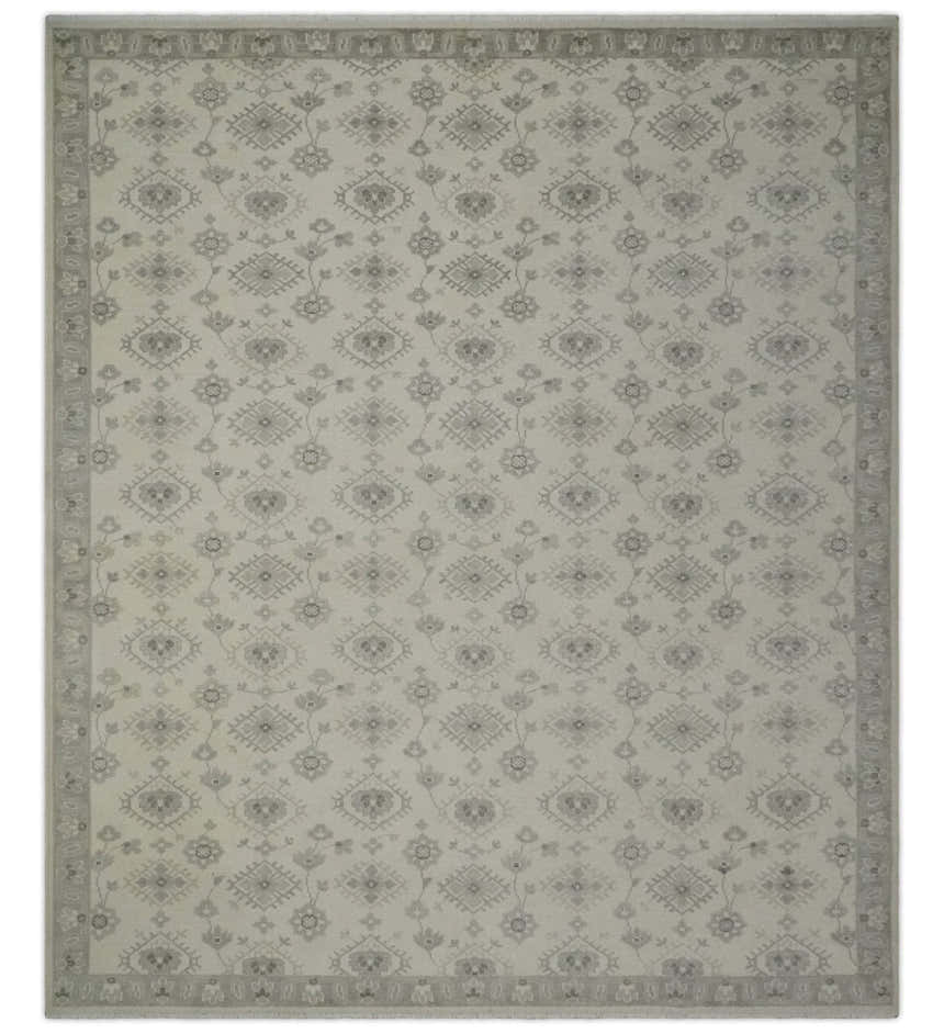 Custom Made Fine Hand Knotted Ivory and Charcoal Style Hand knotted Wool Area Rug