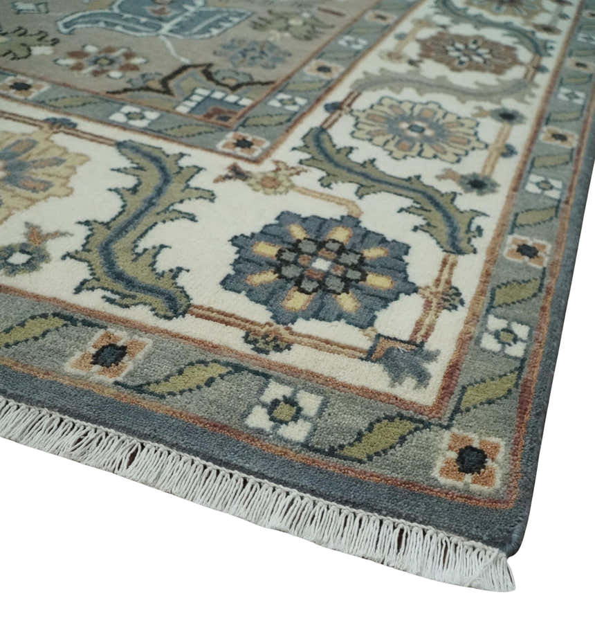 Custom Made Fine Knots Hand Knotted Ivory, Taupe and Olive Traditional Wool Rug