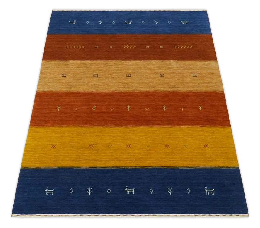 Custom Made Gabbeh Blue, Brown and Gold Stripes Design Wool Rug