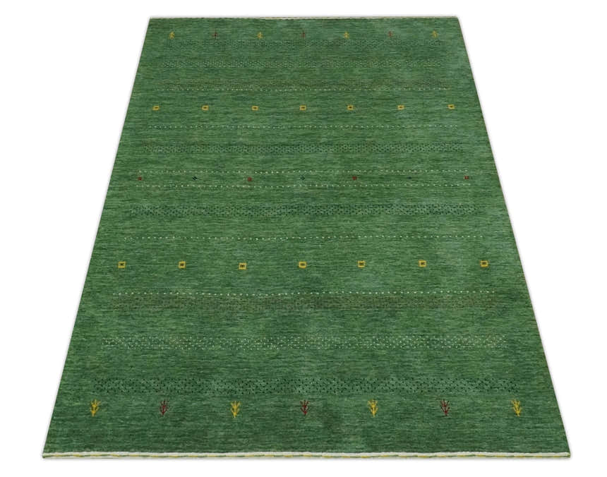 Custom Made Geometrical Stripes Design Green, Ivory and Charcoal wool Area Rug