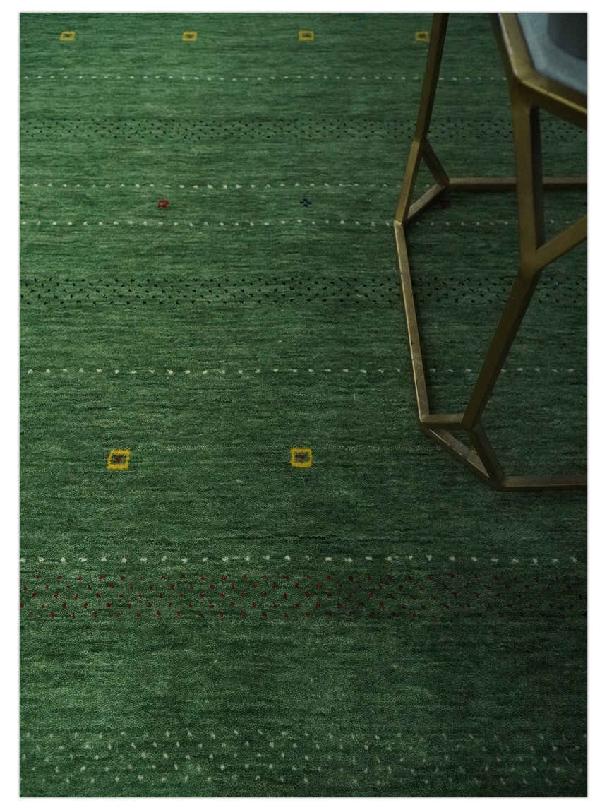 Custom Made Geometrical Stripes Design Green, Ivory and Charcoal wool Area Rug