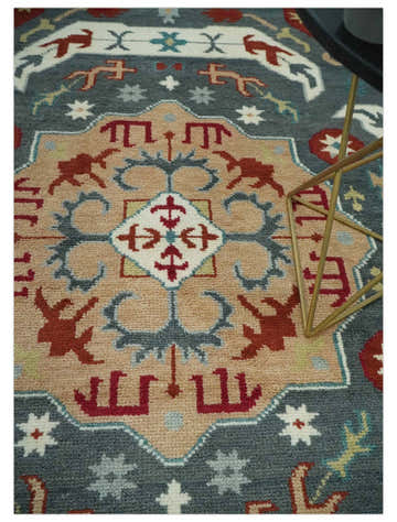Custom Made Gray, Rust and Peach Traditional Medallion Mamluk Design wool Rug