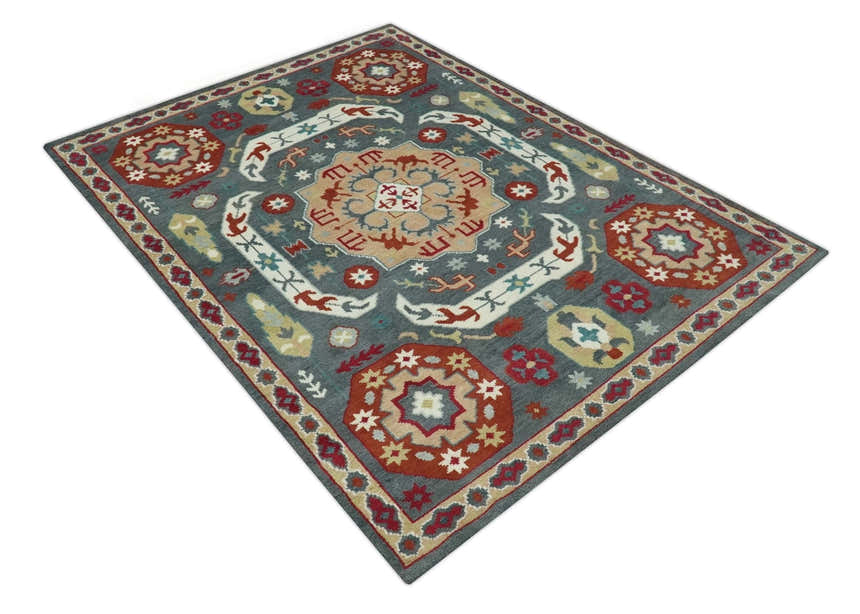 Custom Made Gray, Rust and Peach Traditional Medallion Mamluk Design wool Rug