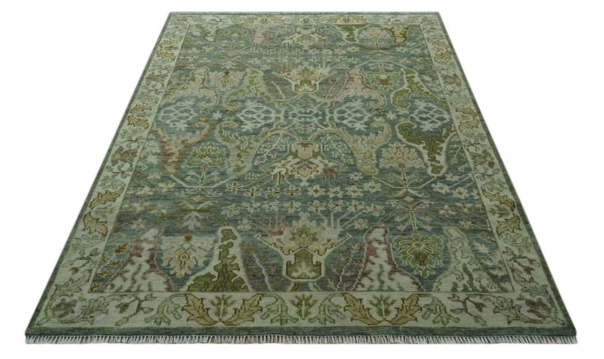 Custom Made Gray, Silver and Green Hand Knotted Traditional Large Design wool area rug