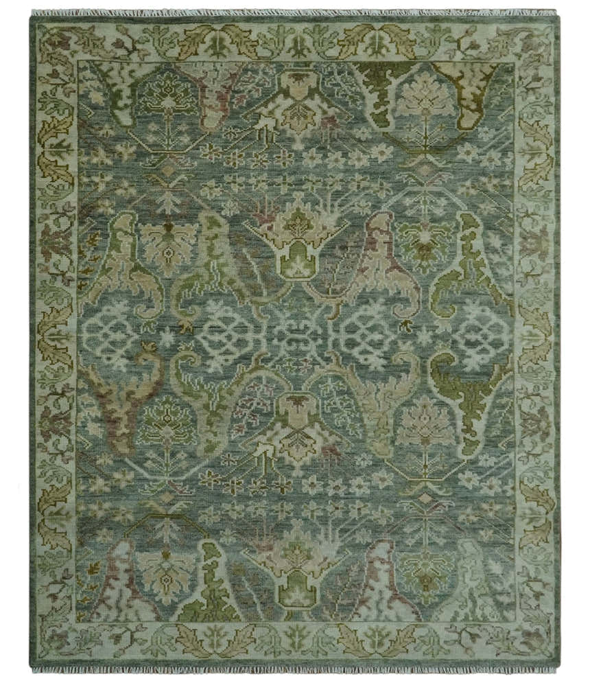 Custom Made Gray, Silver and Green Hand Knotted Traditional Large Design wool area rug