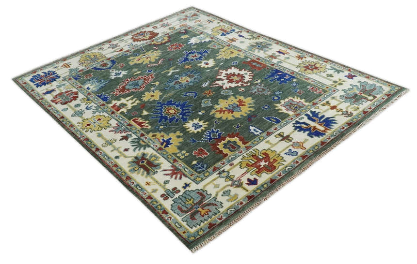 Custom Made Green and Ivory Colorful Hand knotted Traditional Oushak wool Area Rug